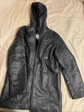 Black Genuine Leather Hooded Coat